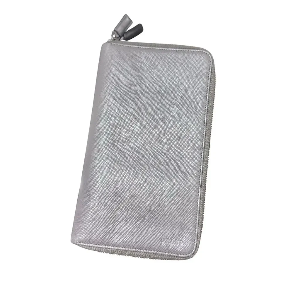 Auth Prada Grey Saffiano Leather Double Zip Travel Organizer Wallet Large - Picture 1 of 16